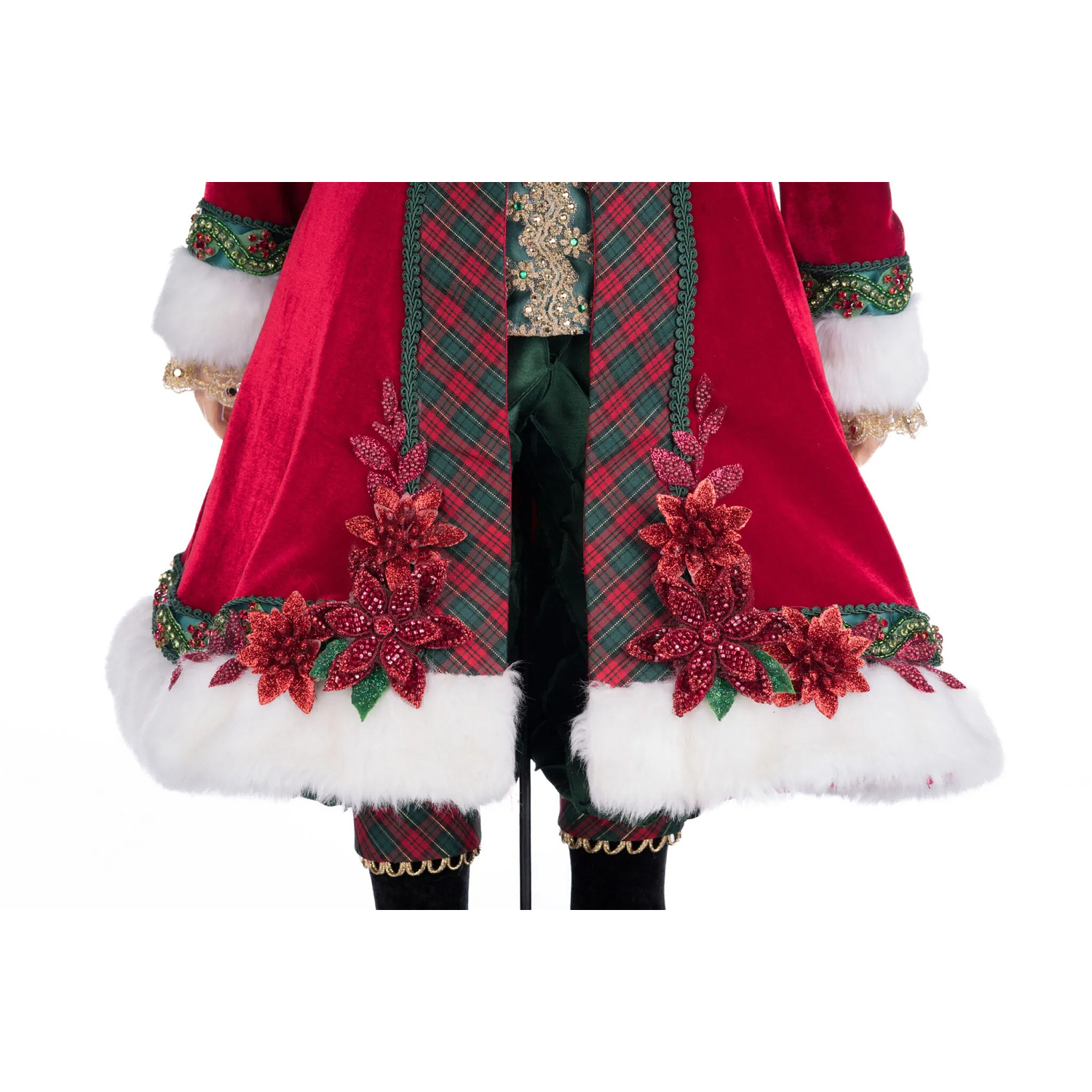 Decorative red velvet Santa coat with plaid patterns and floral embellishments