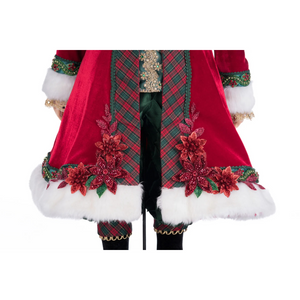 Decorative red velvet Santa coat with plaid patterns and floral embellishments