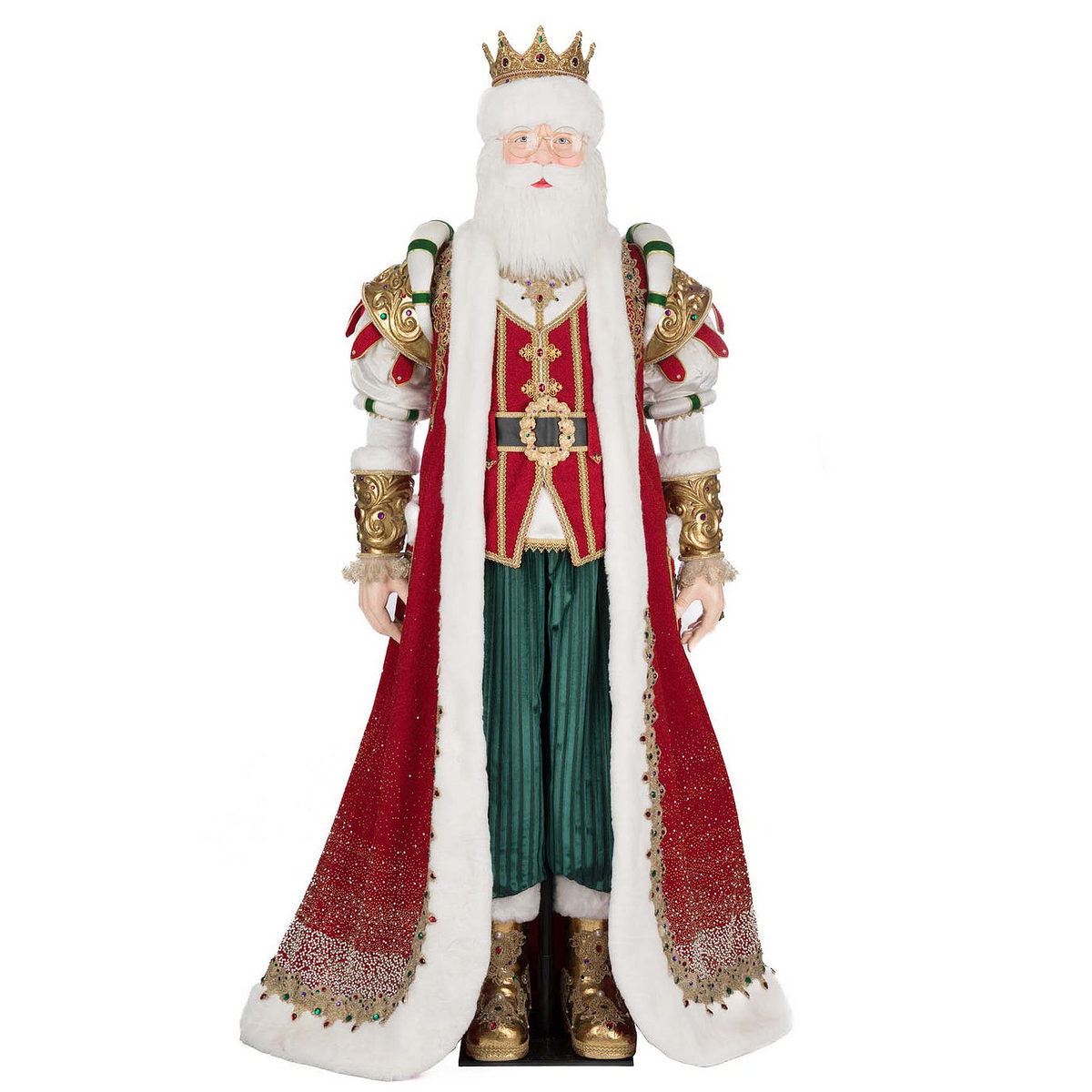 Front view of Katherine’s Collection King Christian Claus Life Size Santa in red velvet robe with gold embroidery, pearls, and jeweled crown.
