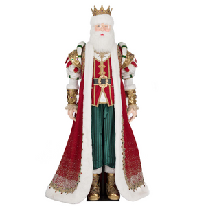Front view of Katherine’s Collection King Christian Claus Life Size Santa in red velvet robe with gold embroidery, pearls, and jeweled crown.