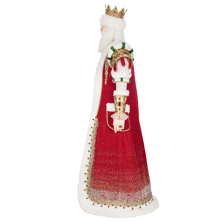 Opposite side view of Katherine’s Collection King Christian Claus with jeweled cuffs and regal detailing.