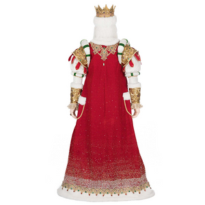 Back view of King Christian Claus Life Size Santa featuring flowing red robe with white fur trim and sparkling embellishments.