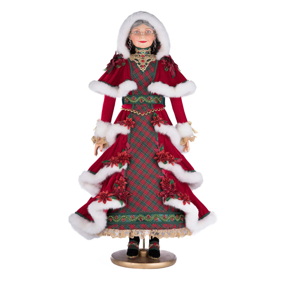 Luxury Mrs Claus figurine in a festive red velvet and tartan dress 