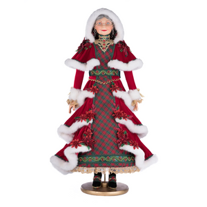 Luxury Mrs Claus figurine in a festive red velvet and tartan dress 
