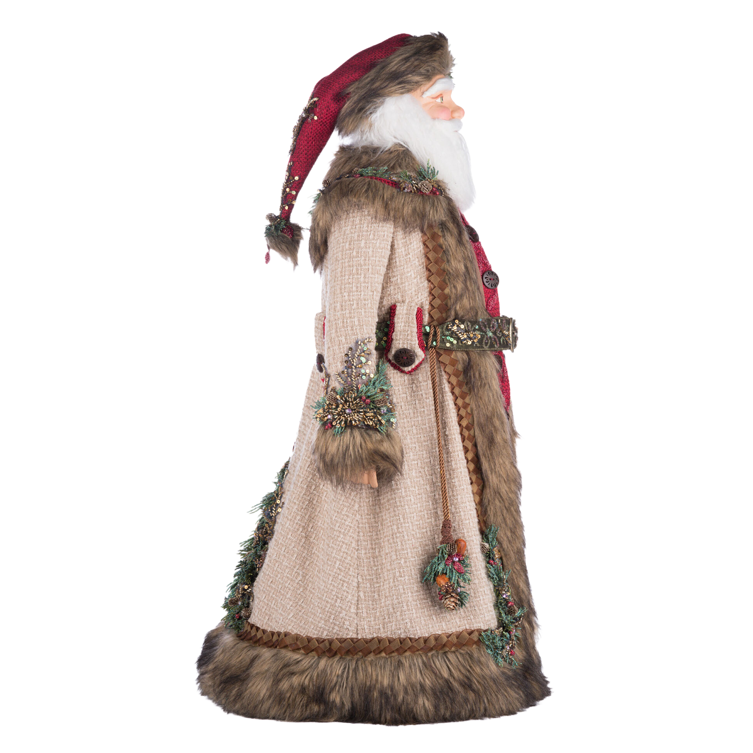 Decorative figure of a Santa Claus with fur-trimmed coat and hat.
