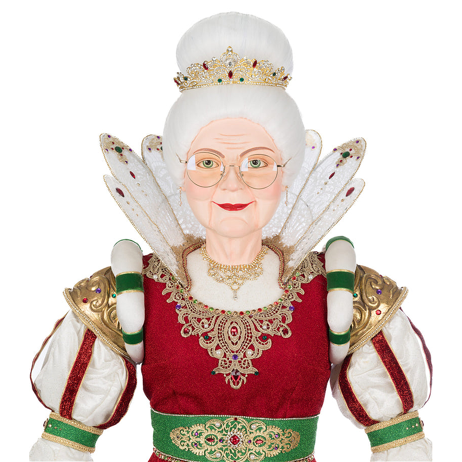 Close-up of Queen Noelle Claus face with glasses, jeweled crown, and hand painted details