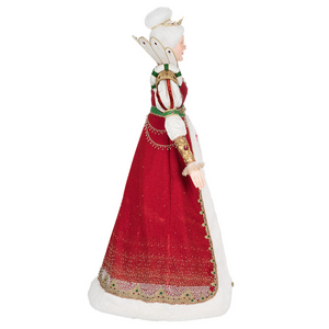 Side angle of Queen Noelle Claus Christmas décor figure in regal gown with jeweled collar and pearls