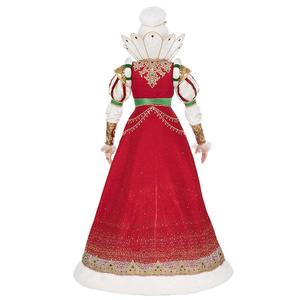 Back of Queen Noelle Claus life size figure showing red velvet robe with faux fur trim and jewel details