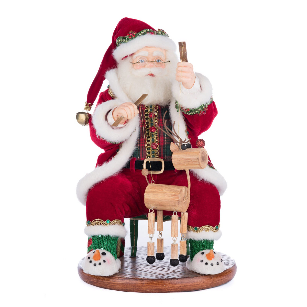 Santa in toy workshop 14 inch tabletop Christmas figure with reindeer marionette.