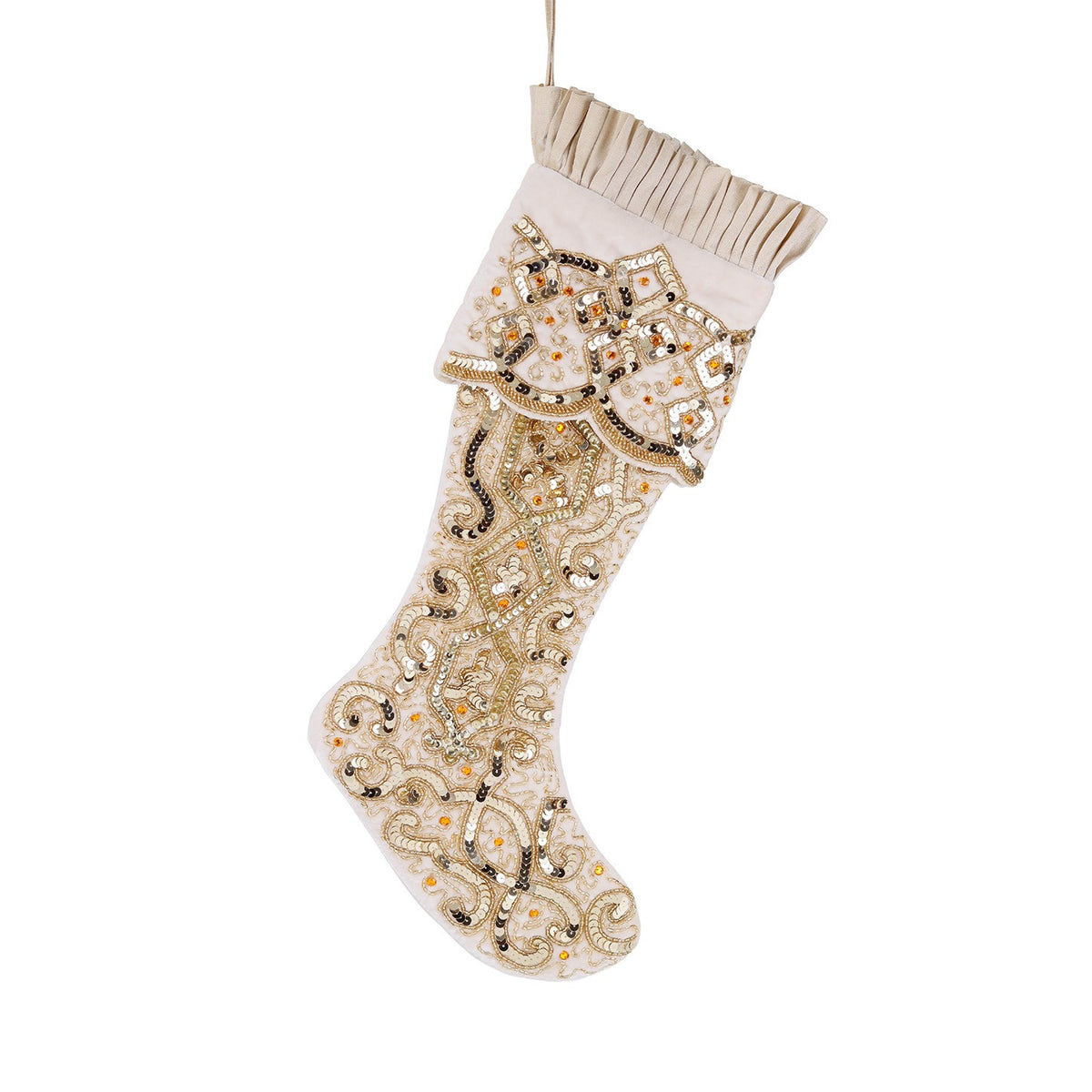 Velvet Christmas stocking with gold sequins and crystal beading