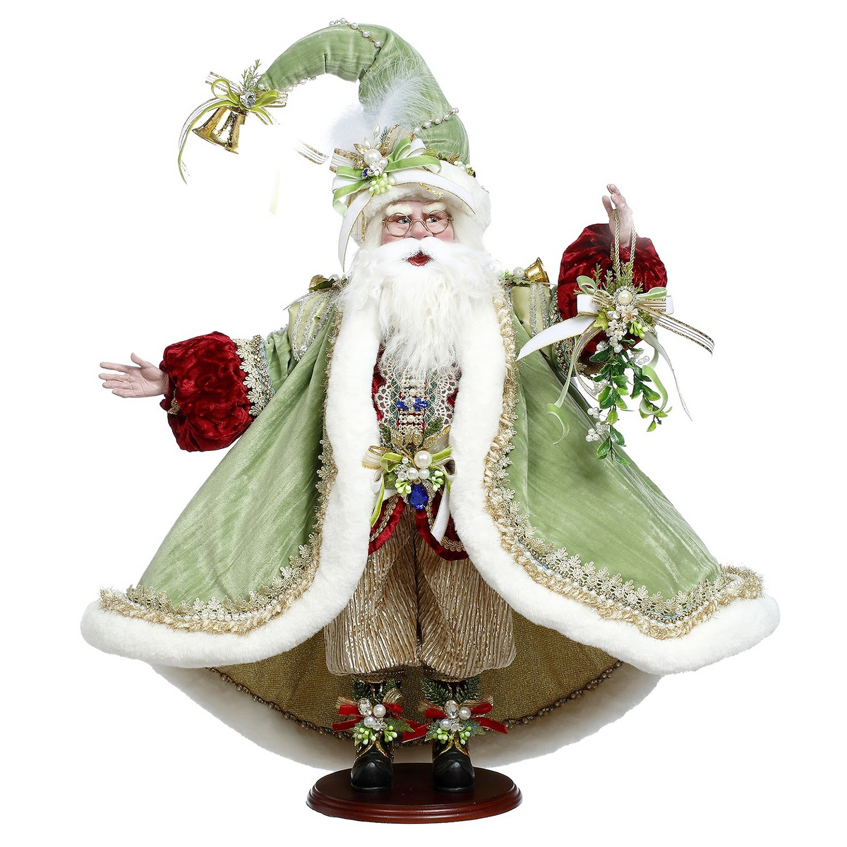 Mark Roberts Under the Mistletoe Santa in green velvet and gold trim holding mistletoe