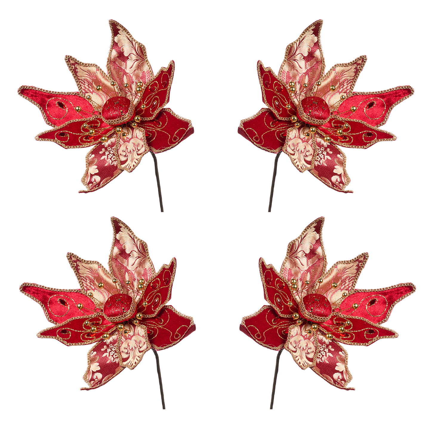 North Pole Brocade Poinsettia Stems 16.5" (Set of 4)