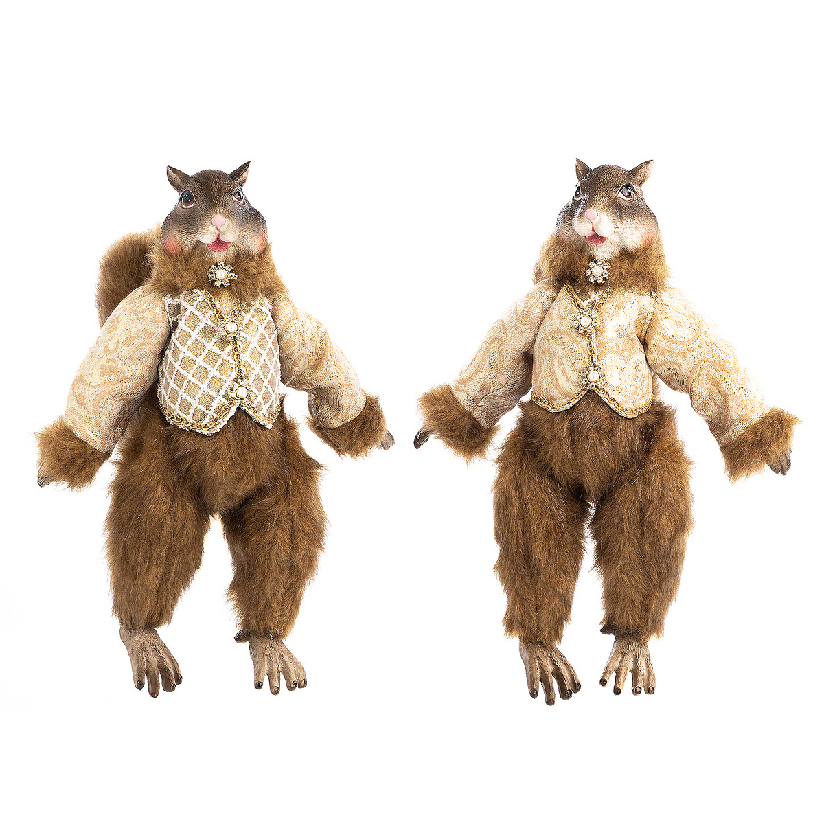 Pair of handcrafted Christmas squirrel figurines with elegant detailing