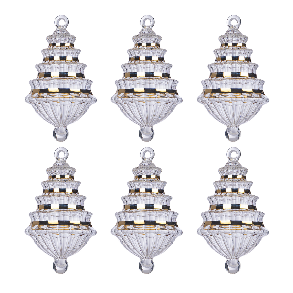 Hand-blown clear and gold tiered glass Christmas drop ornaments, set of 6