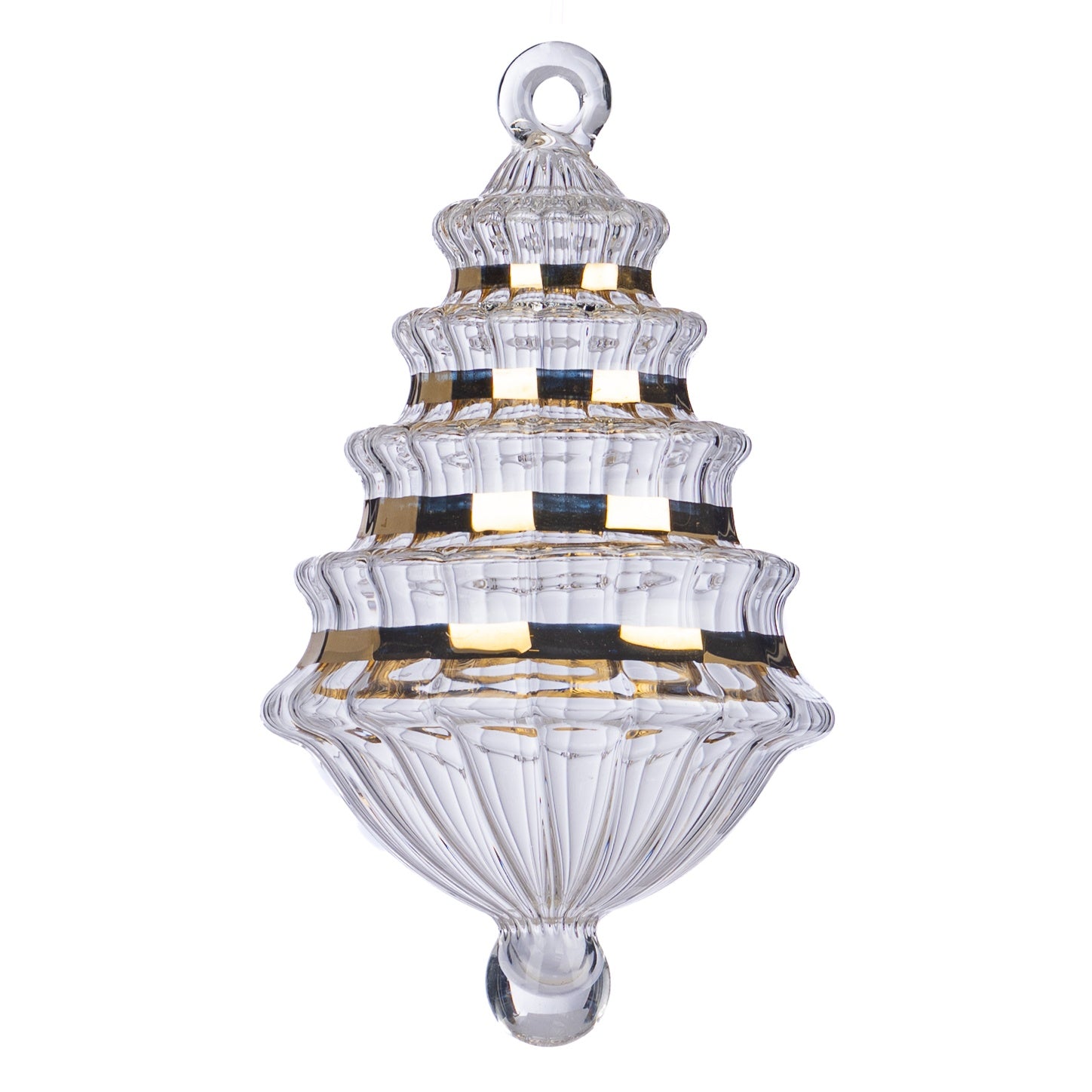 Hand-blown clear and gold tiered glass Christmas drop ornament set 