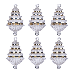 Hand-blown clear and gold tiered glass Christmas drop ornaments, set of 6