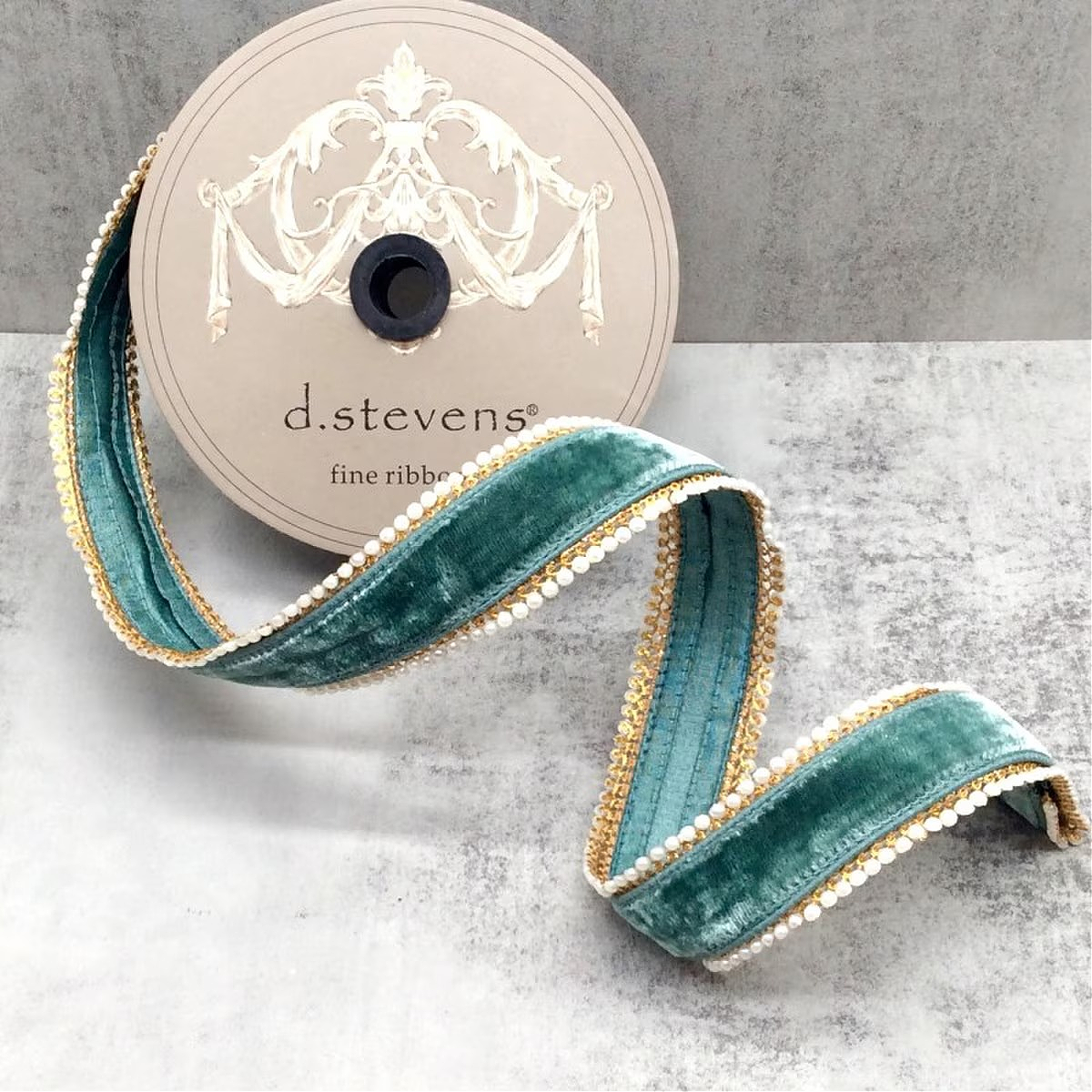 Luxury celadon velvet Christmas ribbon with pearl and gold trim, 1 inch x 10 yard wired roll