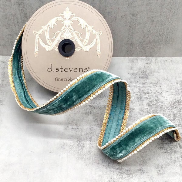 D Stevens Royal Pearl Celadon Velvet Designer Holiday Wired Ribbon