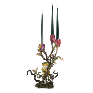 Halloween candle holder with sculpted frog and carnivorous plant blooms