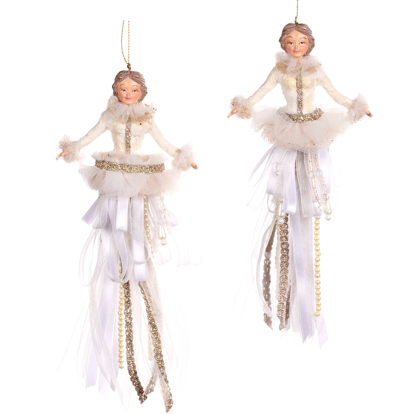 Set of two Frozen Elegance Tassel Ladies by Goodwill Belgium in pearl and lace winter costumes.