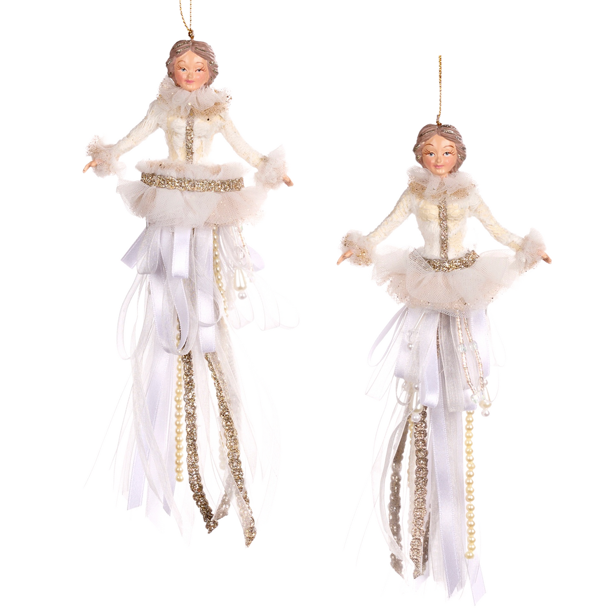Set of two Frozen Elegance Tassel Ladies by Goodwill Belgium in pearl and lace winter costumes.