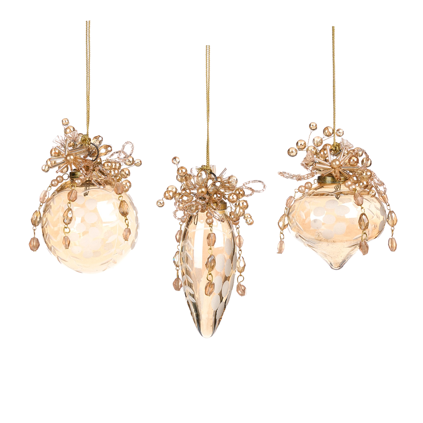 engraved champagne glass ornaments with pearl cluster set of three