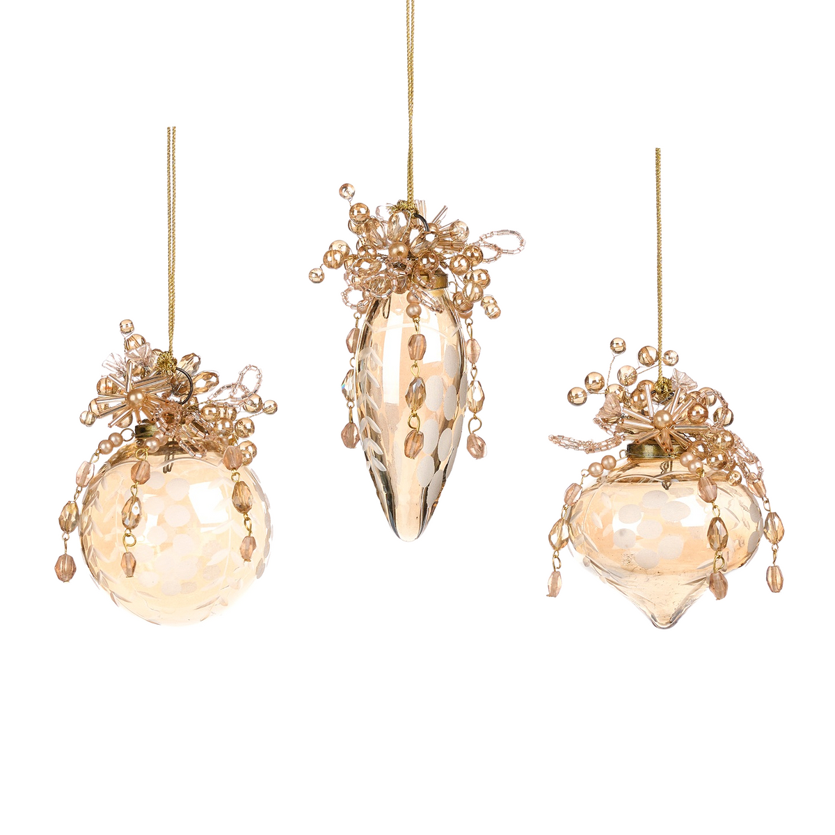 set of three golden pearl cluster glass christmas ornaments