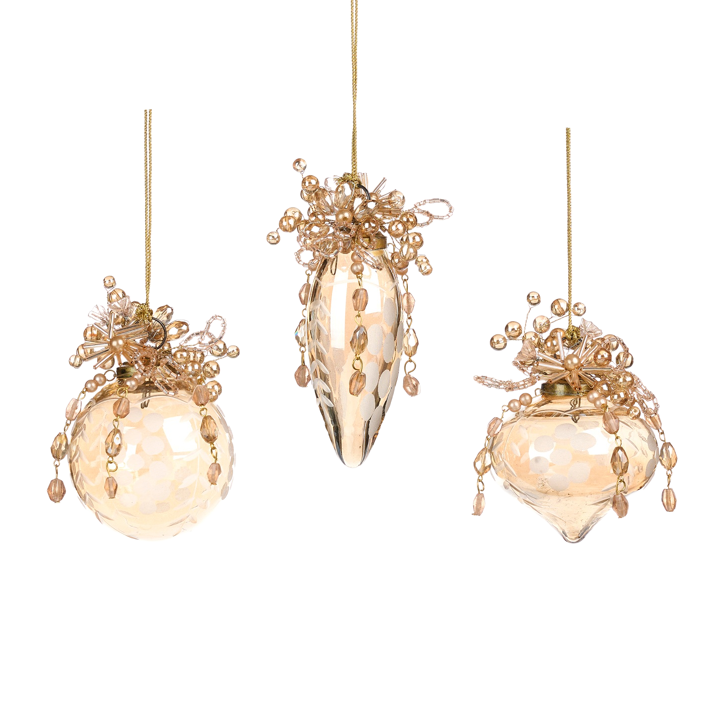 set of three golden pearl cluster glass christmas ornaments