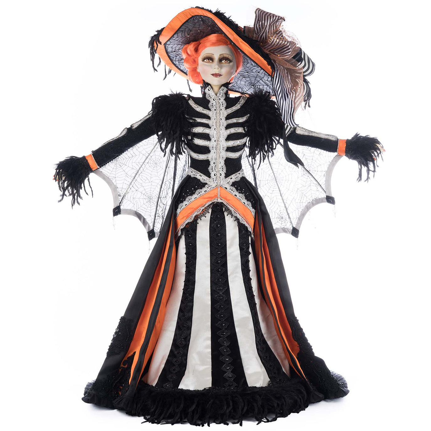 Katherine’s Collection Mrs. Macabre with jeweled ribcage bodice and feathered sleeves