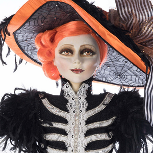 Hand-painted gothic fashion figure with striped skirt, feathers and dramatic witch hat
