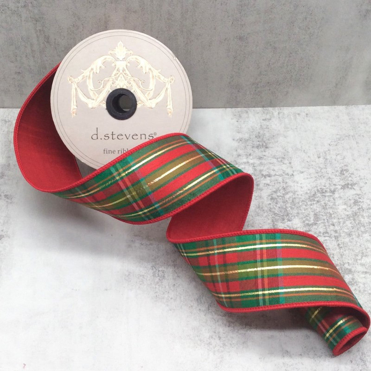 Luxury tartan Christmas ribbon in red, green, and gold with metallic sheen, wired edge, 2.5 inch x 10 yard roll