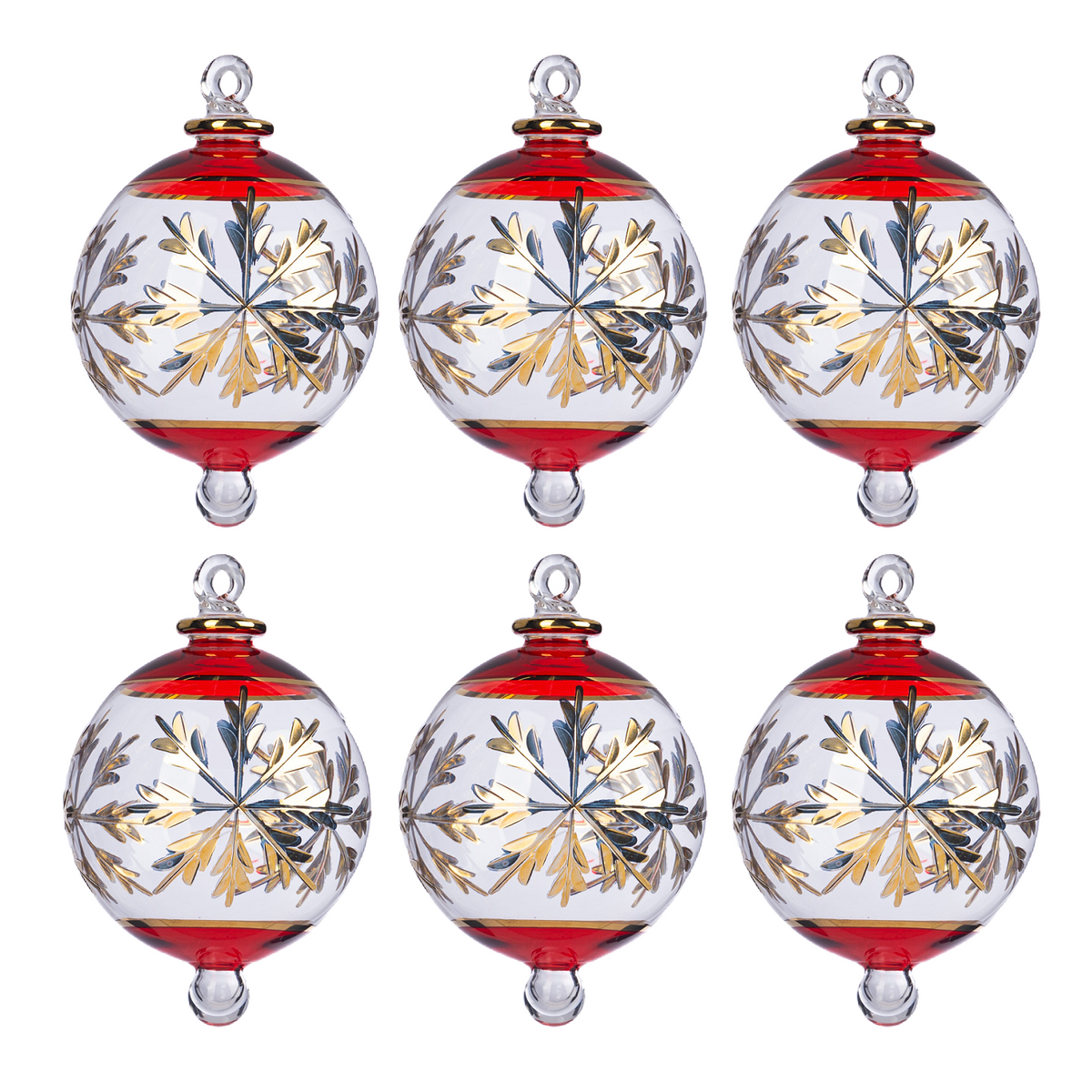 Hand-blown clear glass Christmas ornament with red rim and gold snowflake design.