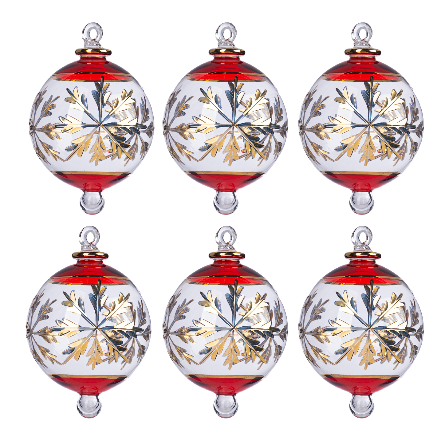 Hand-blown clear glass Christmas ornament with red rim and gold snowflake design.