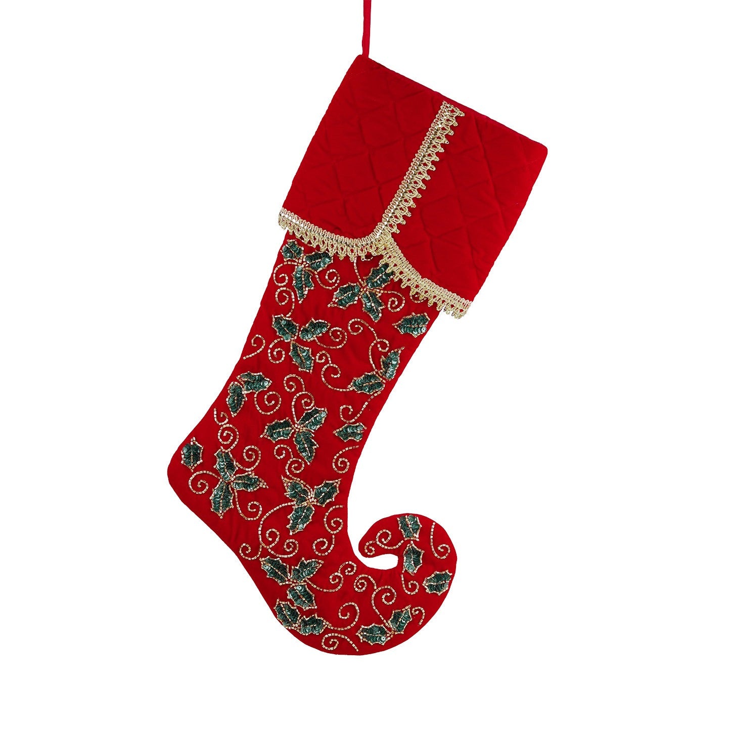Red velvet Christmas stocking with quilted cuff, gold trim, and embroidered ivy design featuring a curled toe.