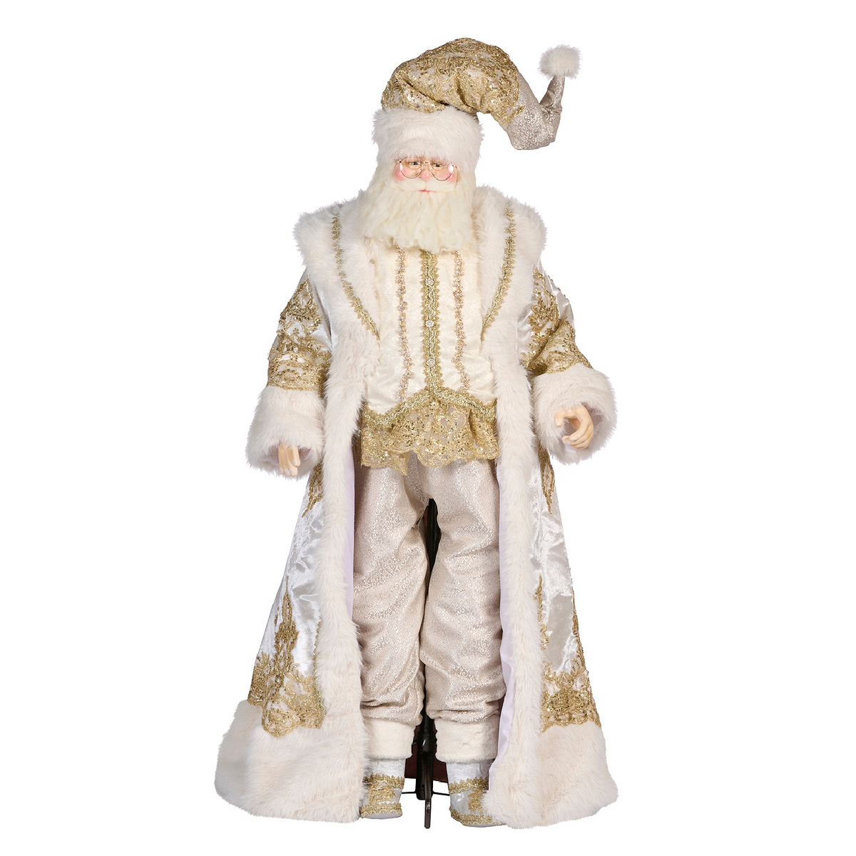 Goodwill Belgium Regal Winter Life-Size Santa in white and gold with faux fur and embroidered detailing