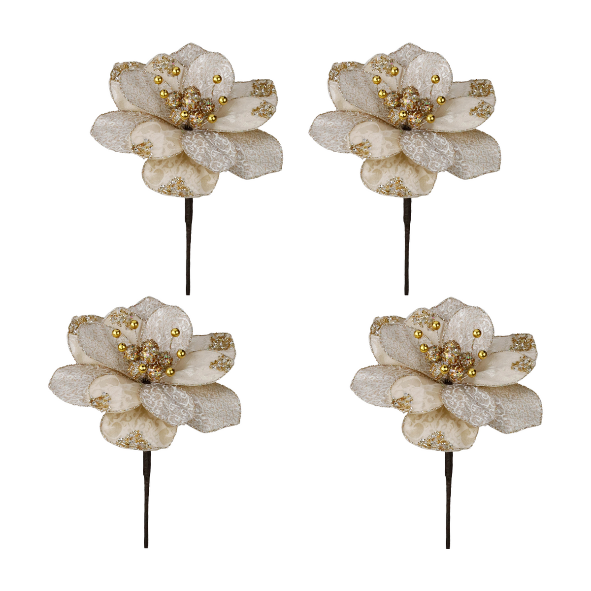 Set of four Regal Winter Magnolia Flowers by Goodwill Belgium in champagne and gold.