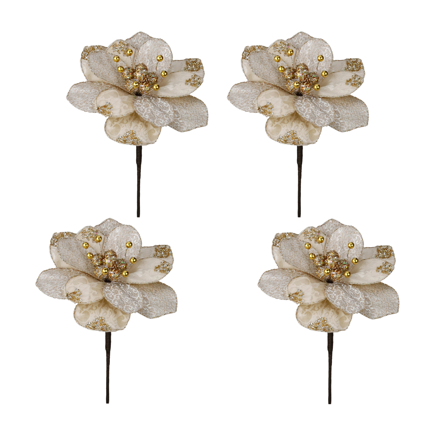 Set of four Regal Winter Magnolia Flowers by Goodwill Belgium in champagne and gold.