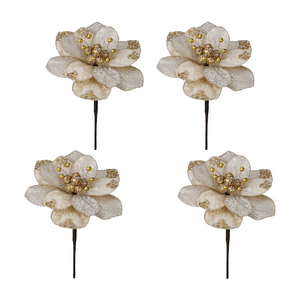 Set of four Regal Winter Magnolia Flowers by Goodwill Belgium in champagne and gold.
