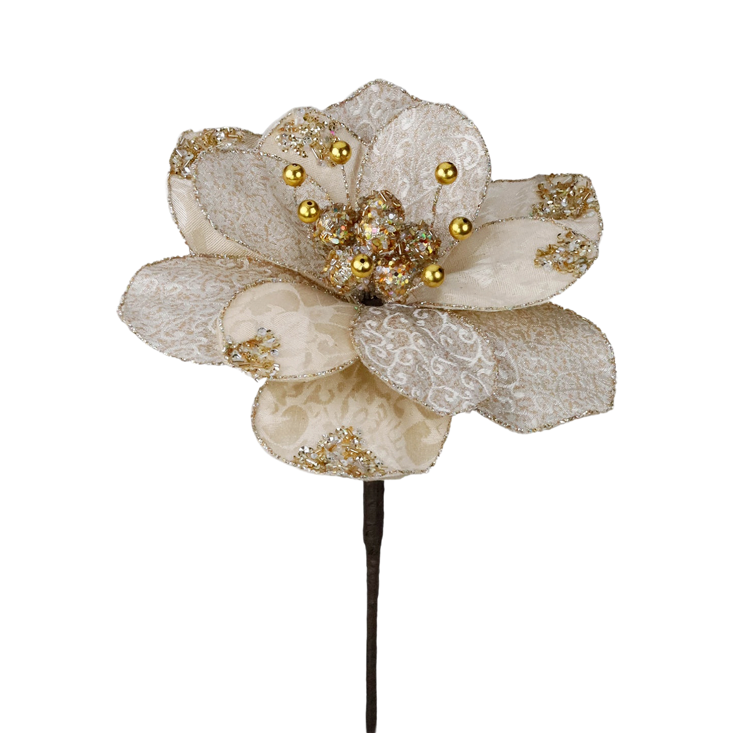 Set of four Regal Winter Magnolia Flowers by Goodwill Belgium in champagne and gold.