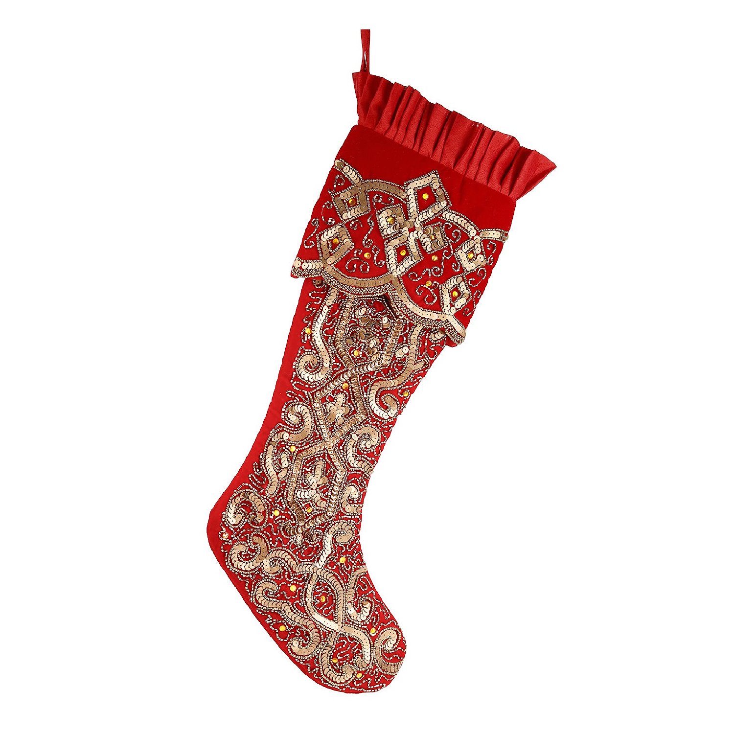 Red velvet Christmas stocking with gold sequins and ruby crystal beading