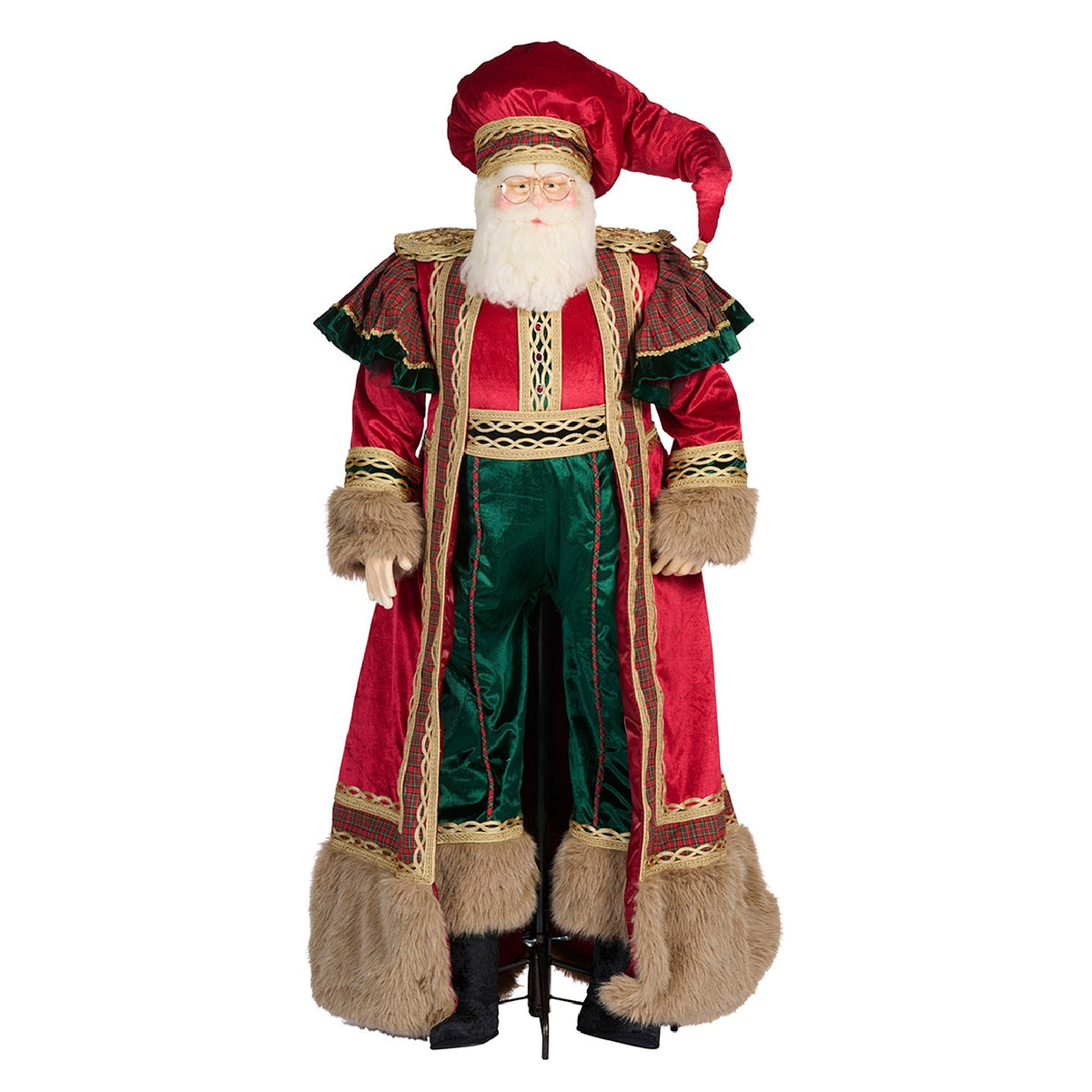 Life-size Tartan Christmas Santa Figure in red velvet and green costume with faux fur trim.