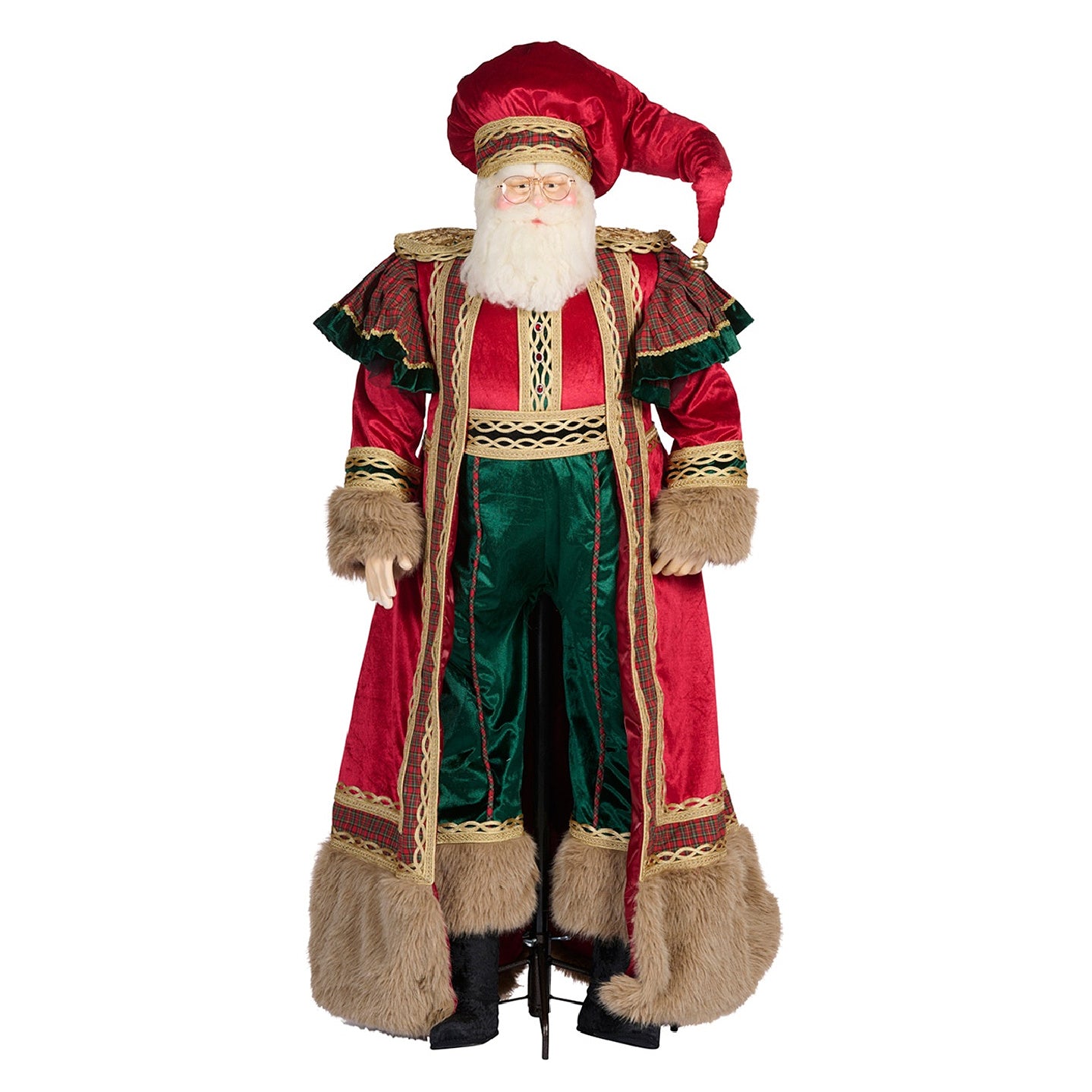Life-size Tartan Christmas Santa Figure in red velvet and green costume with faux fur trim.