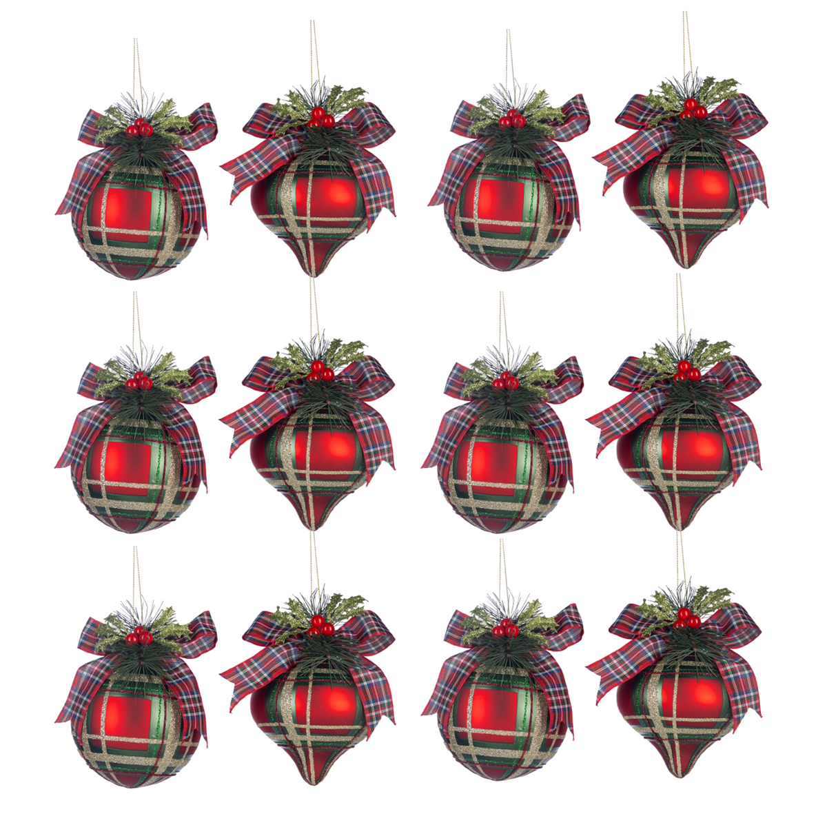 tartan ribbon glass baubles with bows set of 12