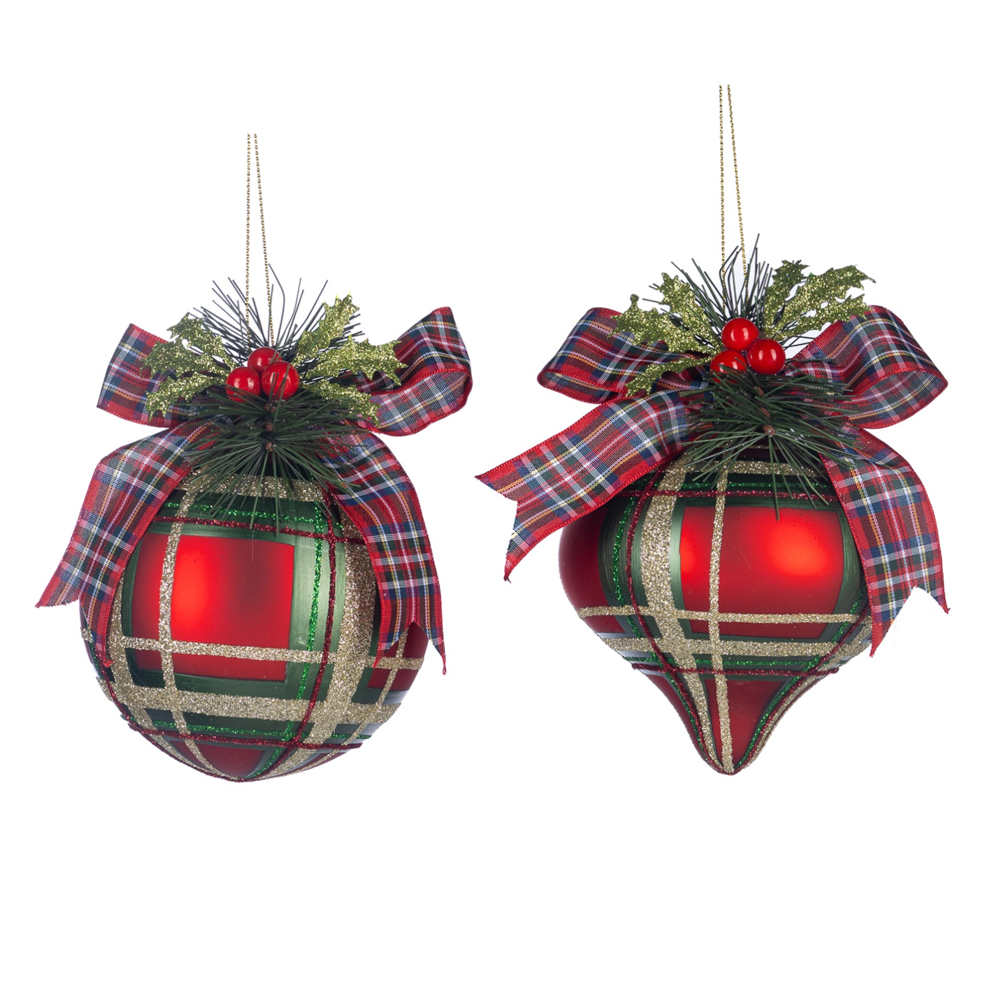 tartan ribbon glass baubles with bows set of 12