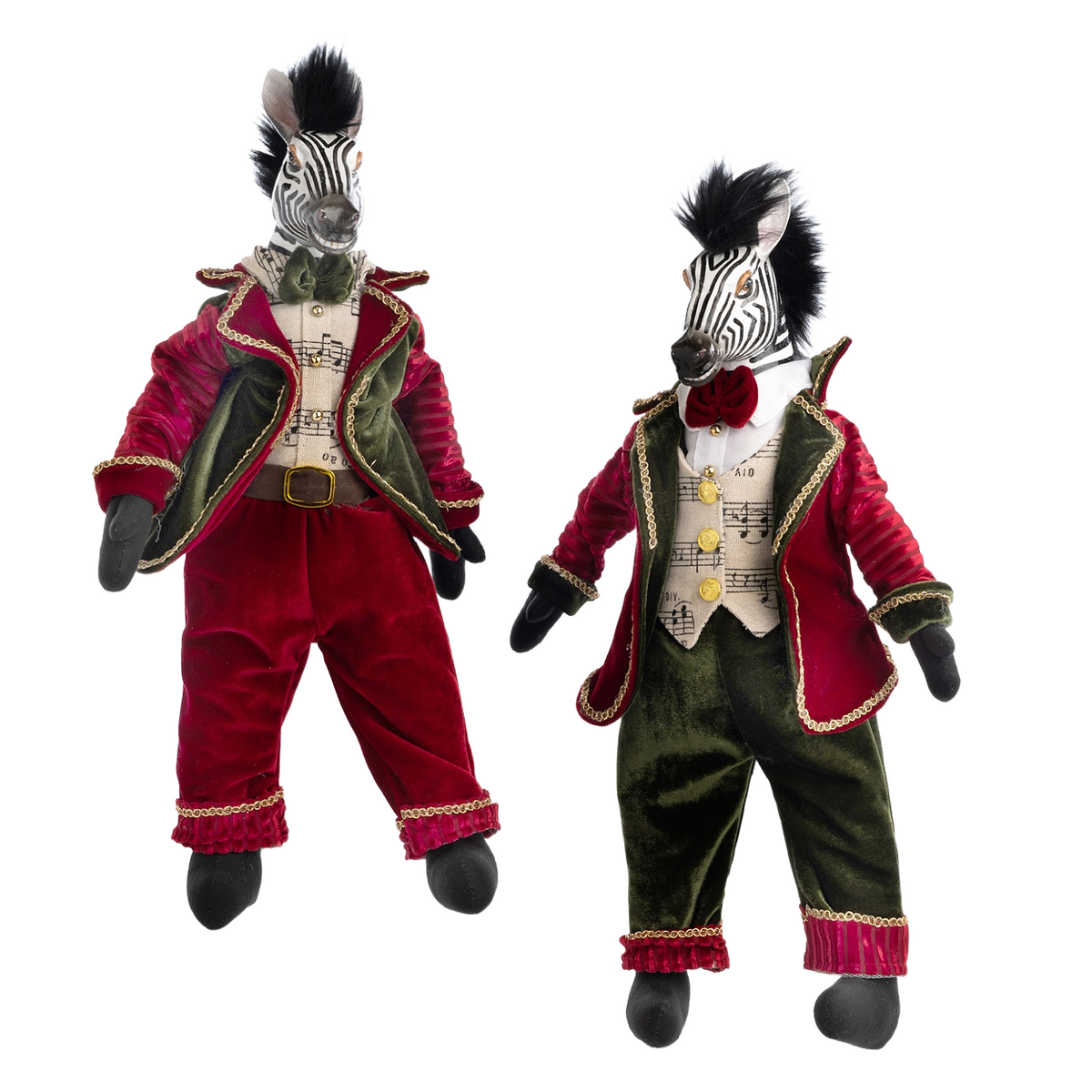 Velvet Opera Zebras 46cm in velvet jackets with musical waistcoats, luxury Christmas decorations