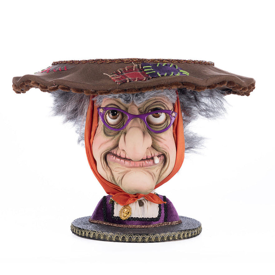 Katherine's Collection Halloween 
Witch head cake plate with food-safe resin top and patchwork hat