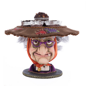 Halloween cake stand with hand-painted witch face and fabric hat