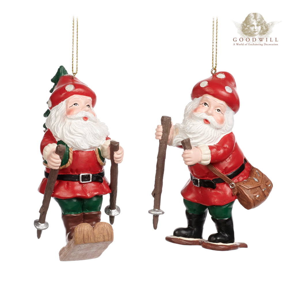 Goodwill Belgium Ski Mushroom Santa Ornament Duo