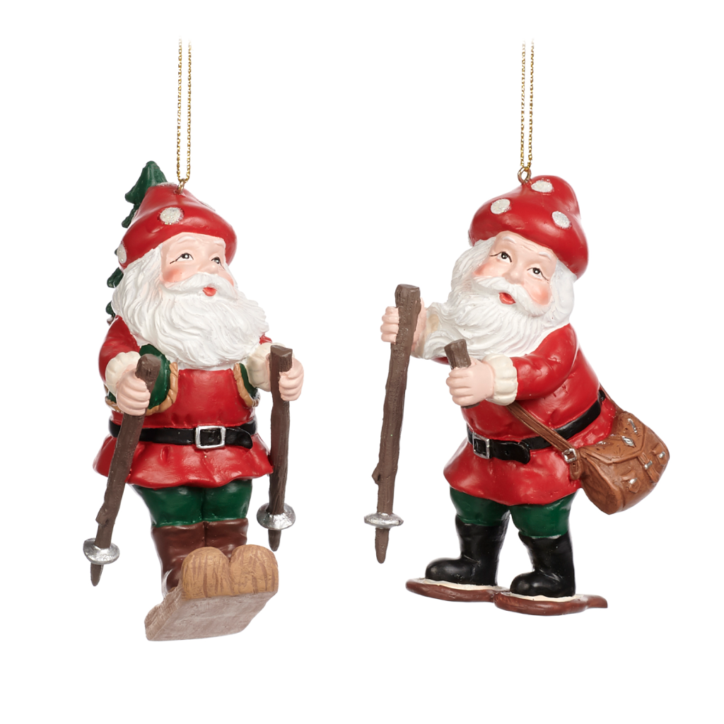 Goodwill Belgium Ski Mushroom Santa Ornament Duo